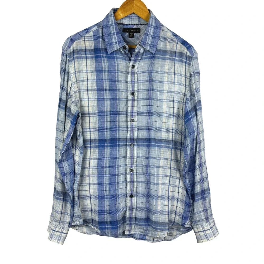 Banana Republic Mens Plaid 100% Linen Long Sleeve Button Down Shirt Sz S Beachy